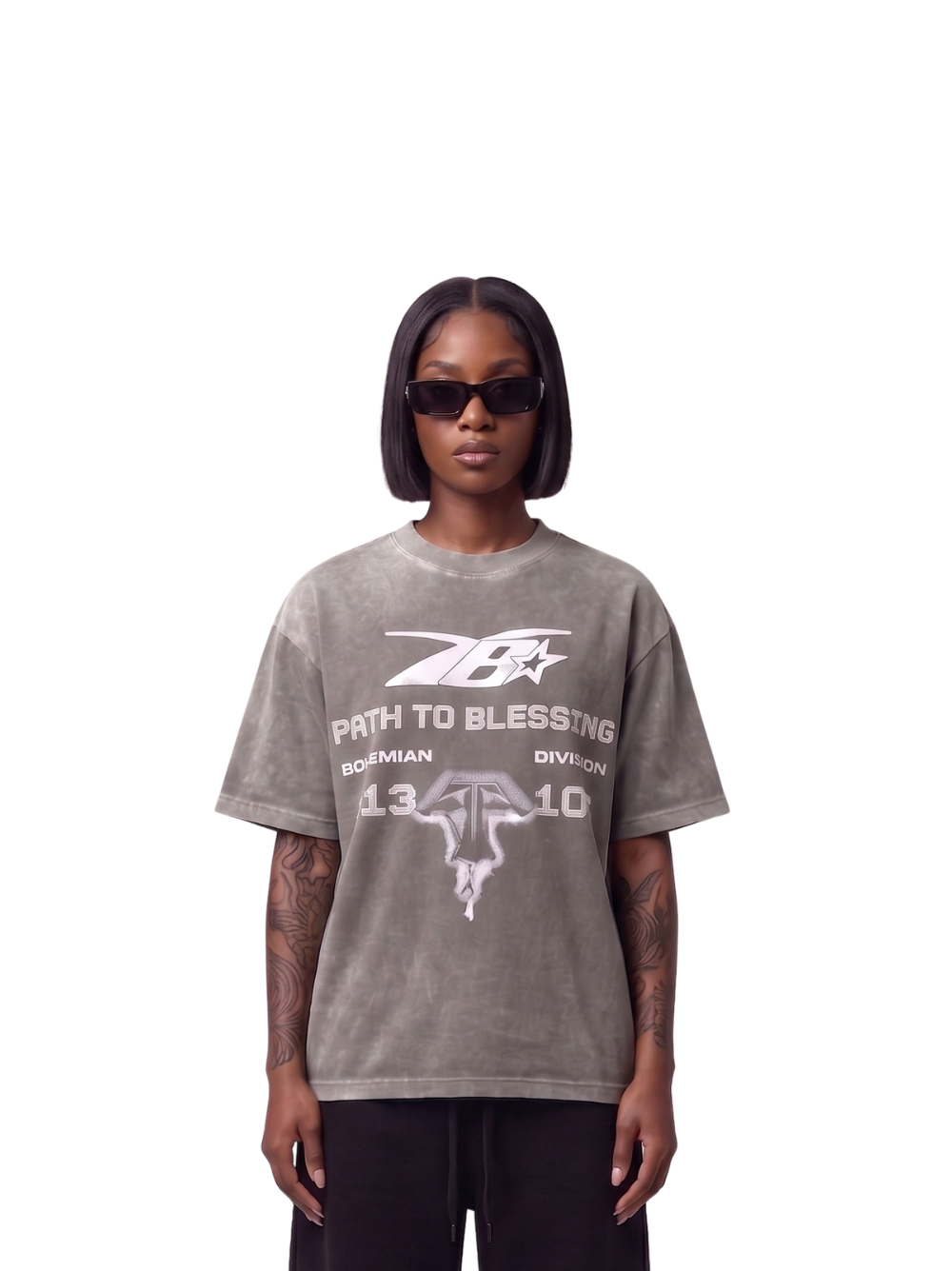 Bohemian washed greyoversized tshirt at unseen grail. men and women. south africa top local brands all at unseen grail. studio image female model