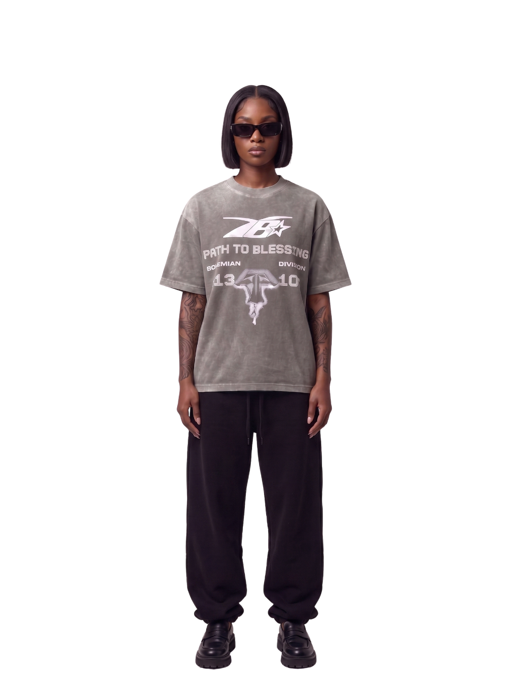 Bohemian washed greyoversized tshirt at unseen grail. men and women. south africa top local brands all at unseen grail. studio image female model full outfit