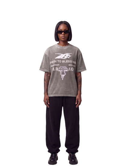 Bohemian washed greyoversized tshirt at unseen grail. men and women. south africa top local brands all at unseen grail. studio image female model full outfit