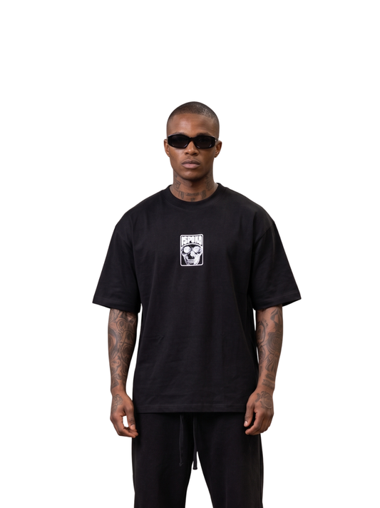 Cancel wear black oversized graphic t shirt at unseen grail. local brands south africa. streetwear. men and women. studio image male model. galxboy. bantu