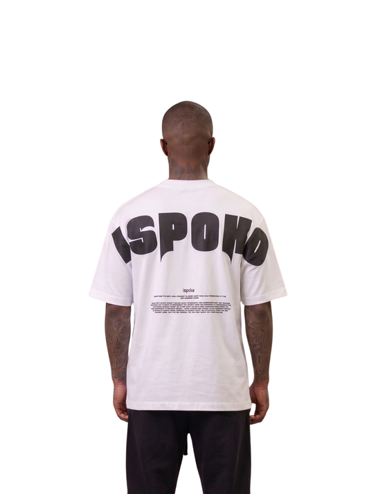 Cancel wear white oversized graphic t shirt at unseen grail. local brands south africa. streetwear. men and women. studio image full outfit behind male model. galxboy. bantu. nike.