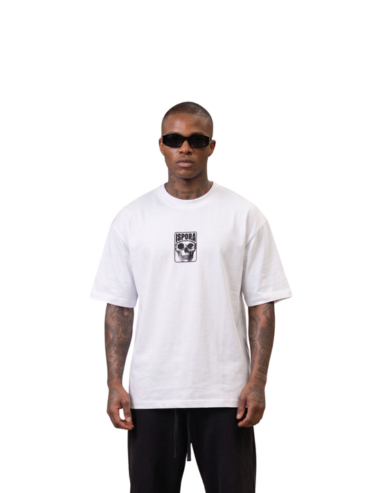 Cancel wear white oversized graphic t shirt at unseen grail. local brands south africa. streetwear. men and women. studio image male model full outfit. galxboy. bantu