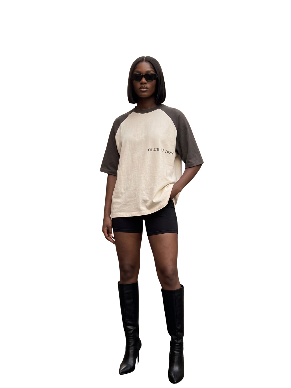 Club Le Don cream oversized graphic t shirt at unseen grail. local brands south africa. streetwear. men and women. studio image female model front full outfit