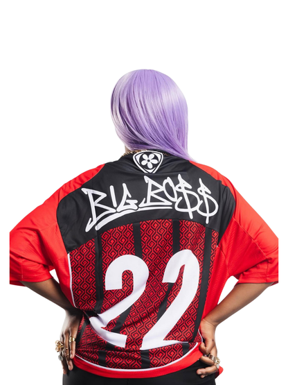 El Patron Big Boss football oversized t shirt back view female model . men and women at unseen grail. local streetwear brands south africa. 1