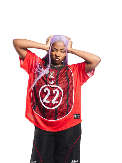 El Patron Big Boss football oversized t shirt front view female model . men and women at unseen grail. local streetwear brands south africa. 1