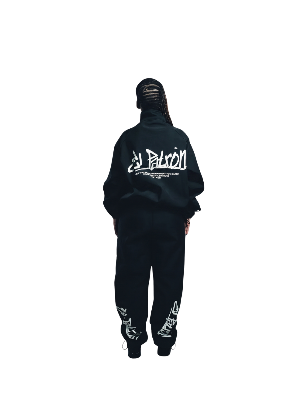 El Patron Big Boss oversized black roadman tracksuit. men and women at unseen grail. local streetwear brands south africa. 180