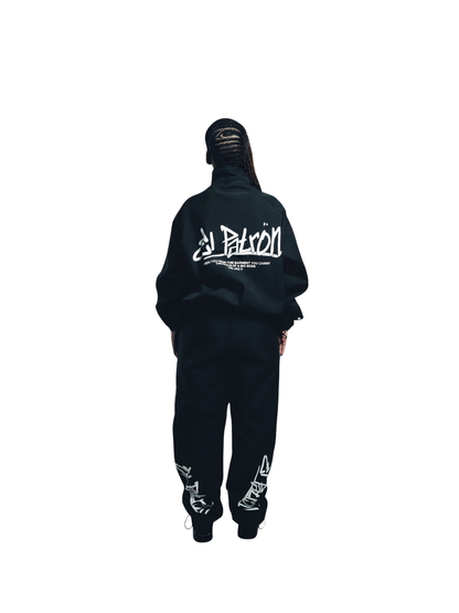 El Patron Big Boss oversized black roadman tracksuit. men and women at unseen grail. local streetwear brands south africa. 180