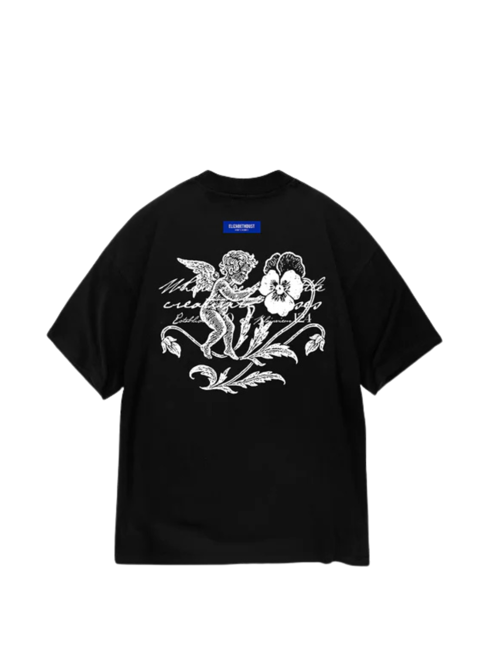 Elizabeth Dust black oversized graphic t shirt at unseen grail. local brands south africa. streetwear. men and women. studio image behind flatlay