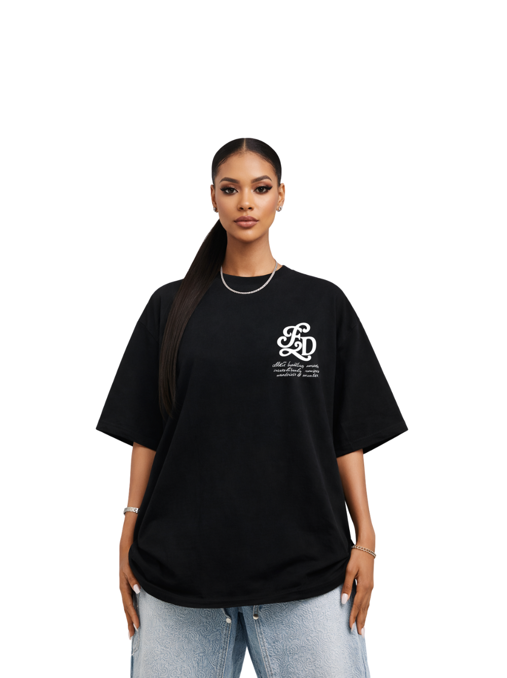 Elizabeth Dust black oversized graphic t shirt at unseen grail. local brands south africa. streetwear. men and women. studio image female model front.