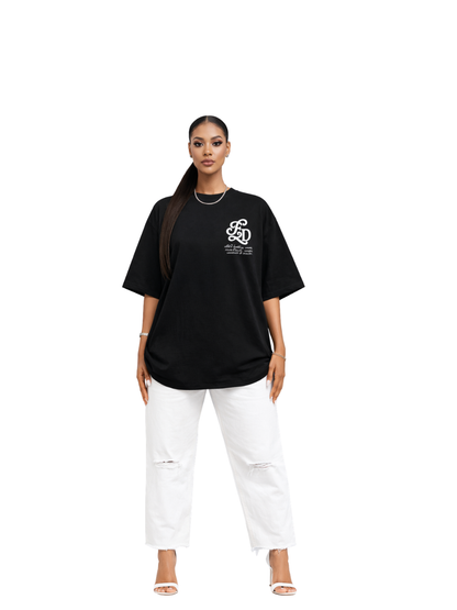 Elizabeth Dust black oversized graphic t shirt at unseen grail. local brands south africa. streetwear. men and women. studio image female model front full outfit