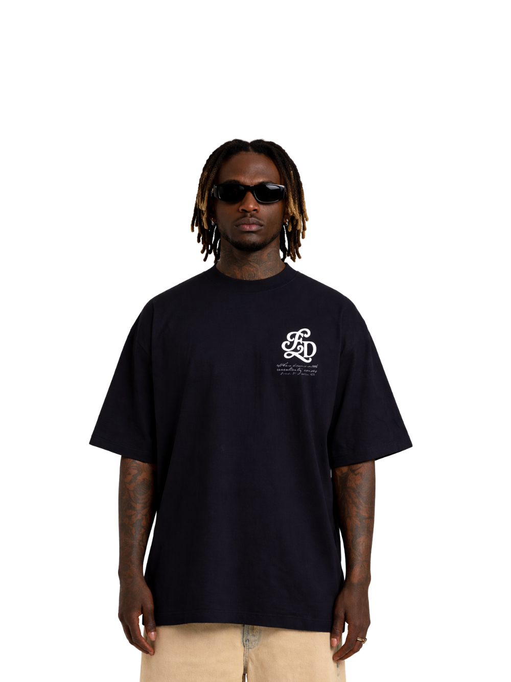 Elizabeth Dust black oversized graphic t shirt at unseen grail. local brands south africa. streetwear. men and women. studio image male model front