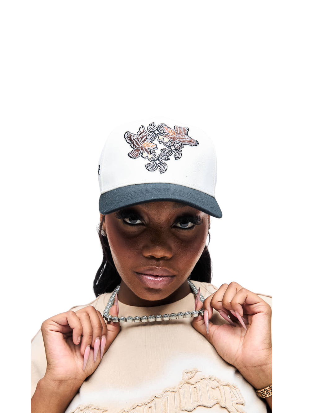 Empire adjustable cap  at unseen grail. local brands south africa. streetwear. men and women. studio image cream cap back close up female model