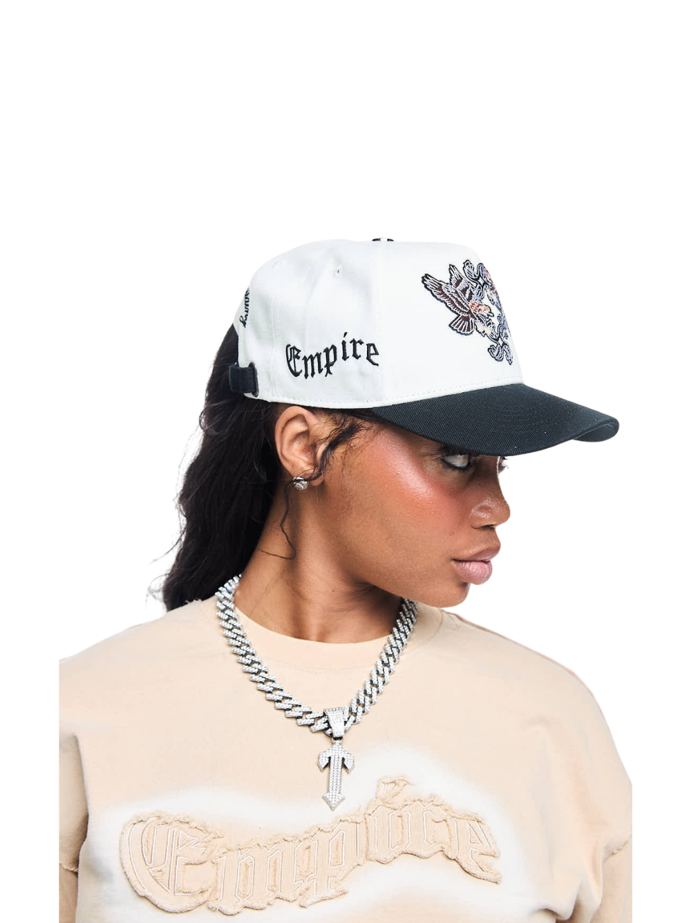 Empire adjustable cap  at unseen grail. local brands south africa. streetwear. men and women. studio image cream cap back close up female model side
