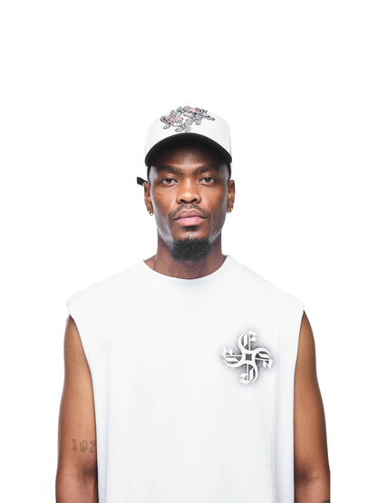 Empire adjustable cap  at unseen grail. local brands south africa. streetwear. men and women. studio image cream cap back close up male model