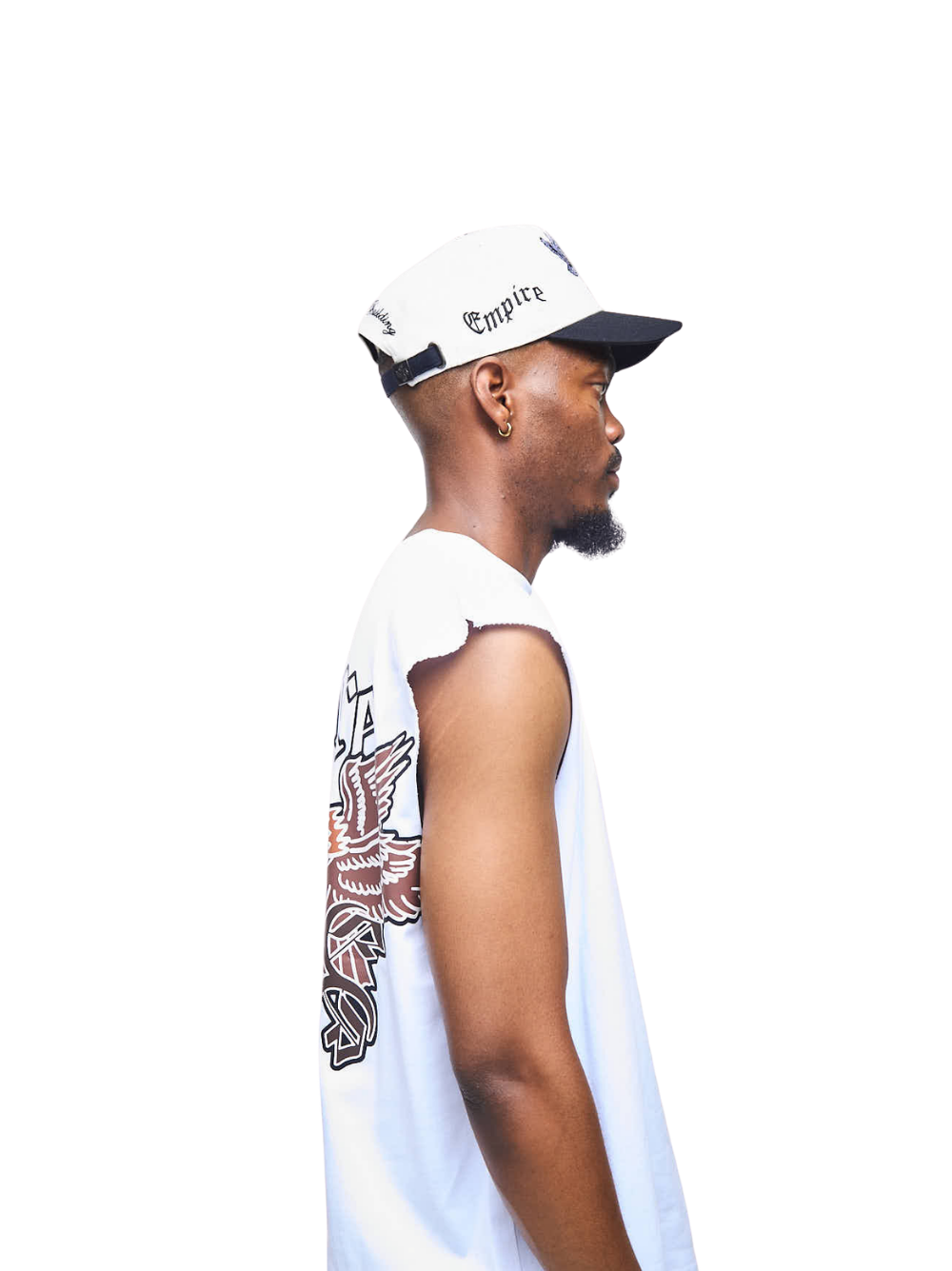 Empire adjustable cap  at unseen grail. local brands south africa. streetwear. men and women. studio image cream cap back close up male model 1 