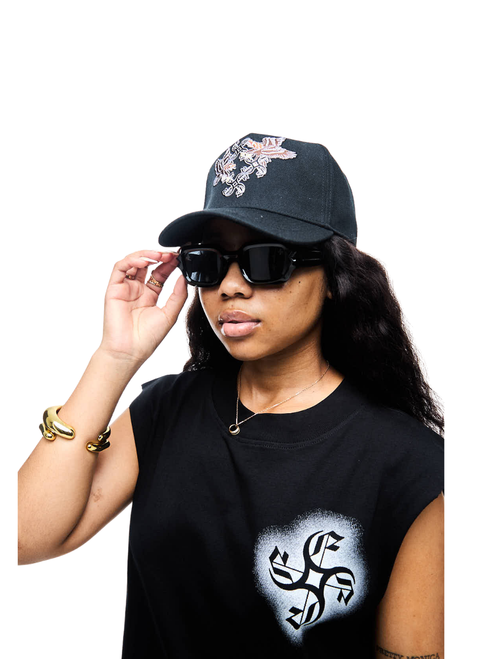 Empire adjustable cap  at unseen grail. local brands south africa. streetwear. men and women. studio image female model front