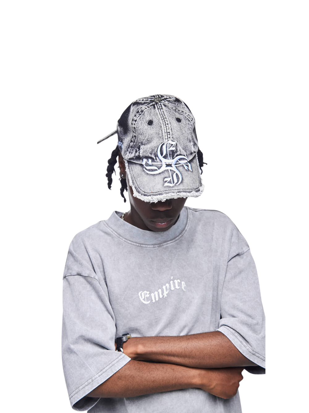 Empire adjustable cap black at unseen grail. local brands south africa. streetwear. men and women. studio image male model front view