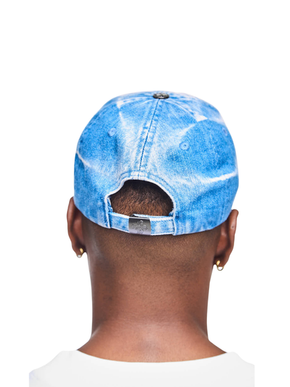 Empire adjustable cap blue at unseen grail. local brands south africa. streetwear. men and women. studio image male model back