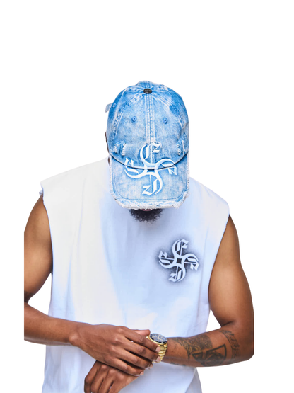 Empire adjustable cap blue at unseen grail. local brands south africa. streetwear. men and women. studio image male model cap