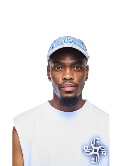 Empire adjustable cap blue at unseen grail. local brands south africa. streetwear. men and women. studio image male model front