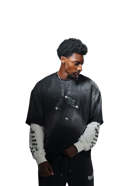 Empire black oversized graphic long sleeve shirt at unseen grail. local brands south africa. streetwear. men and women. studio image close up front male model standing male model front