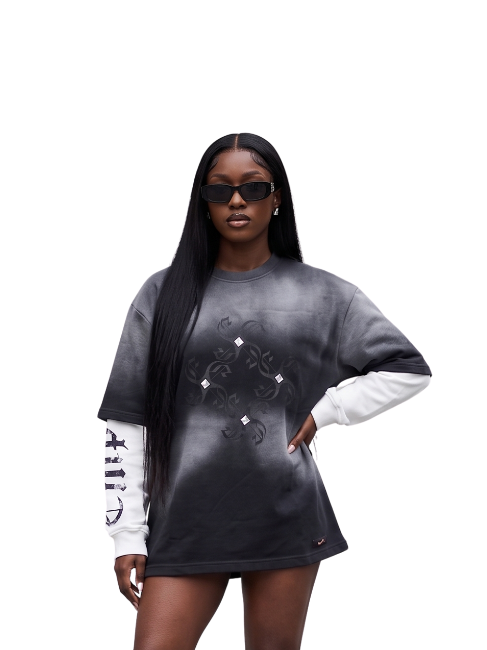Empire black oversized graphic long sleeve shirt at unseen grail. local brands south africa. streetwear. men and women. studio image women model front