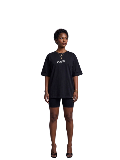 Empire black oversized graphic t shirt at unseen grail. local brands south africa. streetwear. men and women. studio image female model full front view