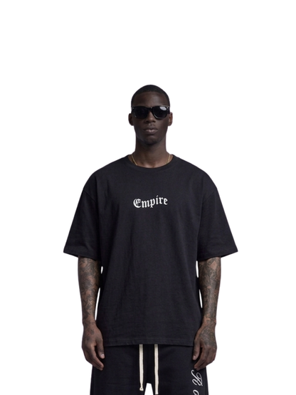 Empire black oversized graphic t shirt at unseen grail. local brands south africa. streetwear. men and women. studio image male front view