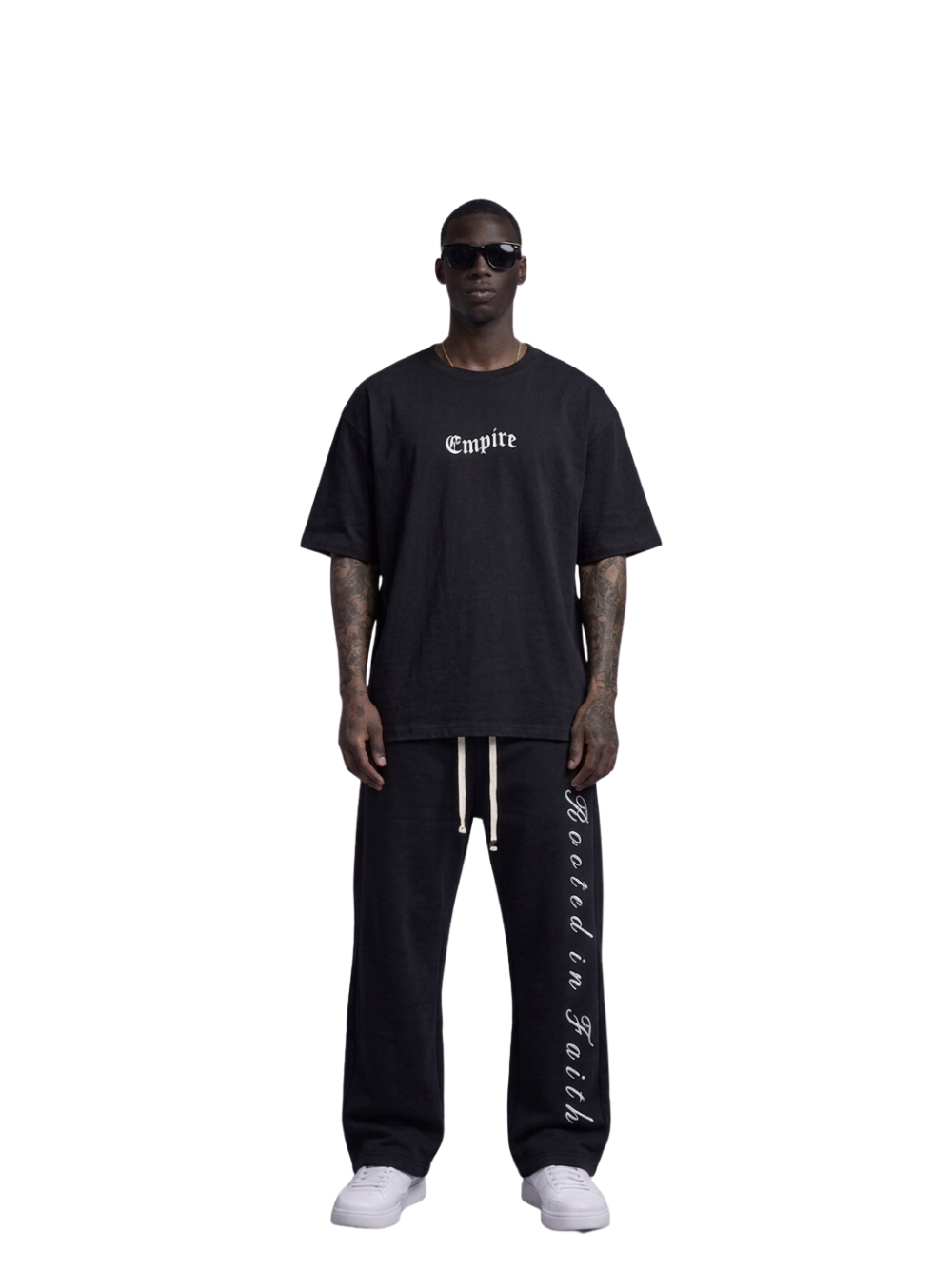 Empire black oversized graphic t shirt at unseen grail. local brands south africa. streetwear. men and women. studio image male model full front view