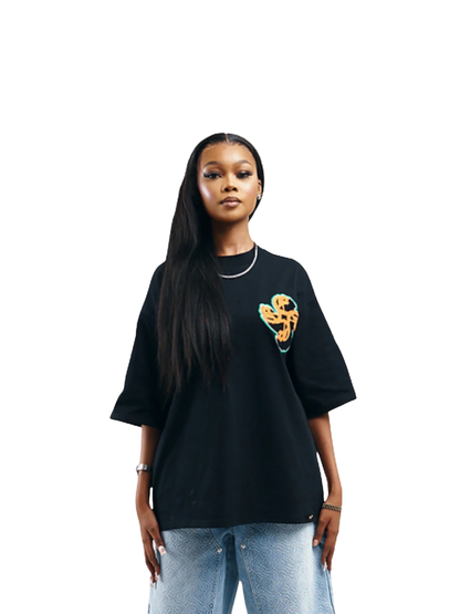 Empire black oversized graphic white tshirt at unseen grail. local brands south africa. streetwear. men and women. studio image female model front view