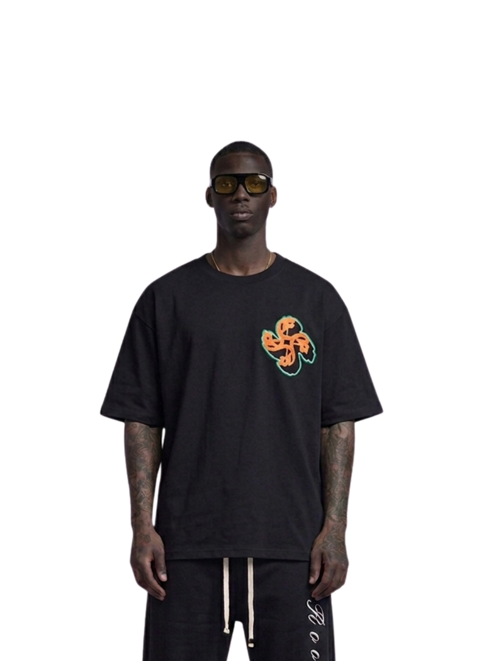 Empire black oversized graphic white tshirt at unseen grail. local brands south africa. streetwear. men and women. studio image male model front view