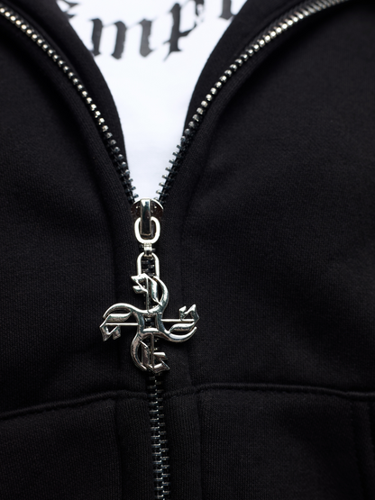 Empire black oversized zipper hoodie at unseen grail. local brands south africa. streetwear. men and women. studio image close up