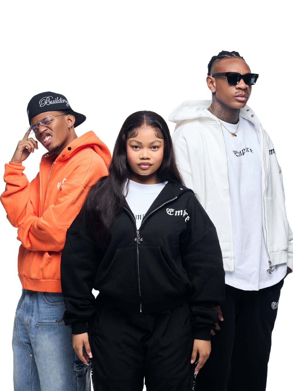 Empire black oversized zipper hoodie at unseen grail. local brands south africa. streetwear. men and women. studio image close up group