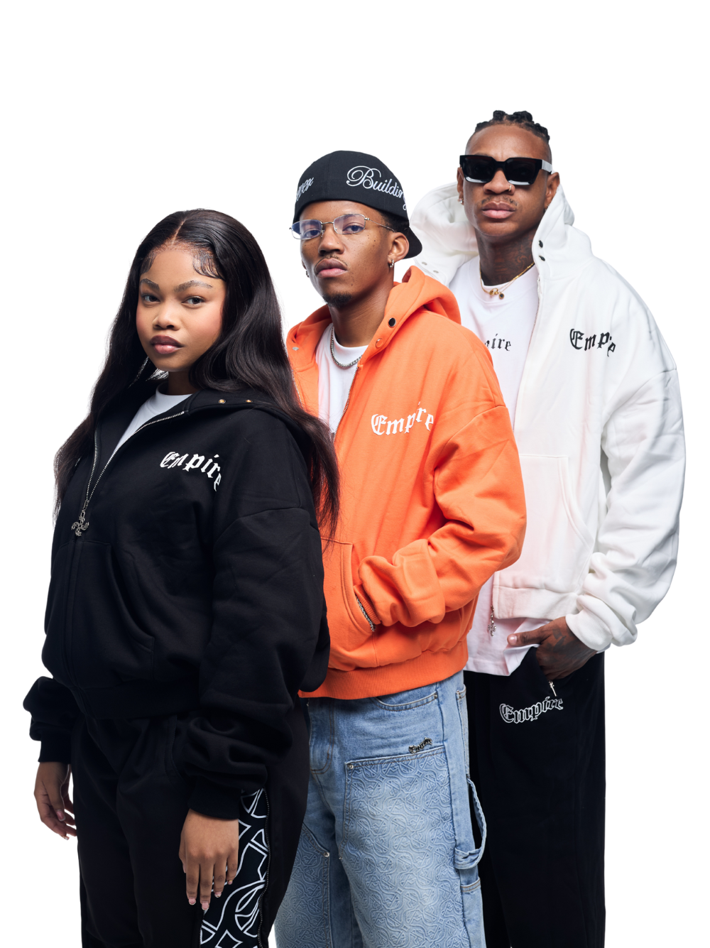 Empire black oversized zipper hoodie at unseen grail. local brands south africa. streetwear. men and women. studio image close up group side view
