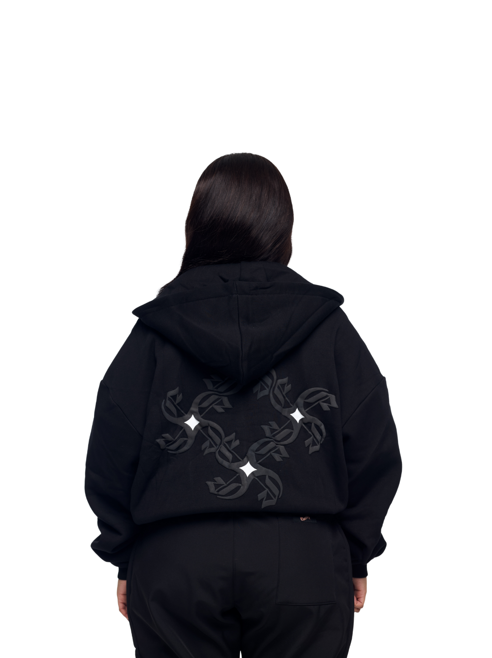 Empire black oversized zipper hoodie at unseen grail. local brands south africa. streetwear. men and women. studio image female model back view
