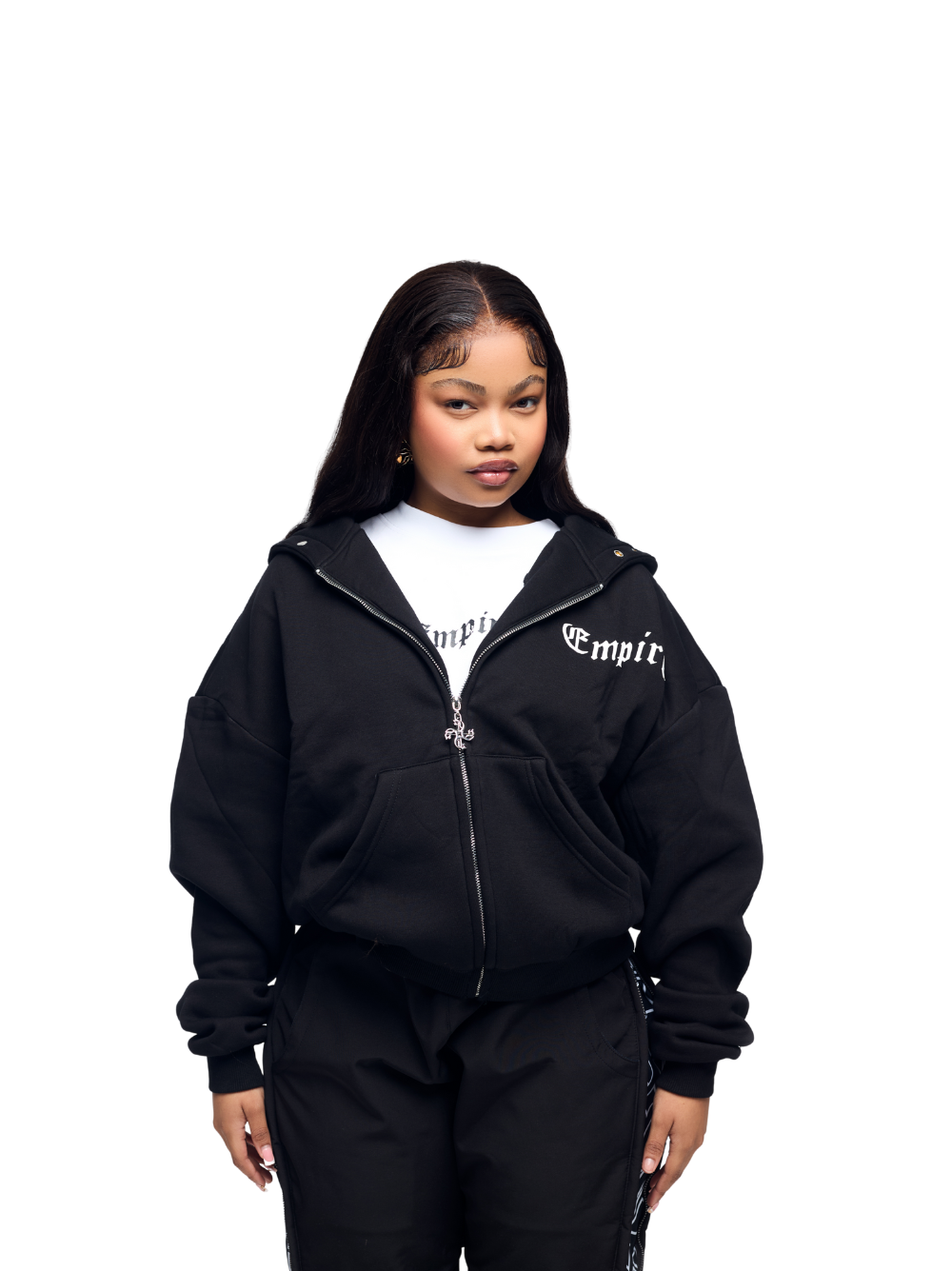 Empire black oversized zipper hoodie at unseen grail. local brands south africa. streetwear. men and women. studio image female model front view