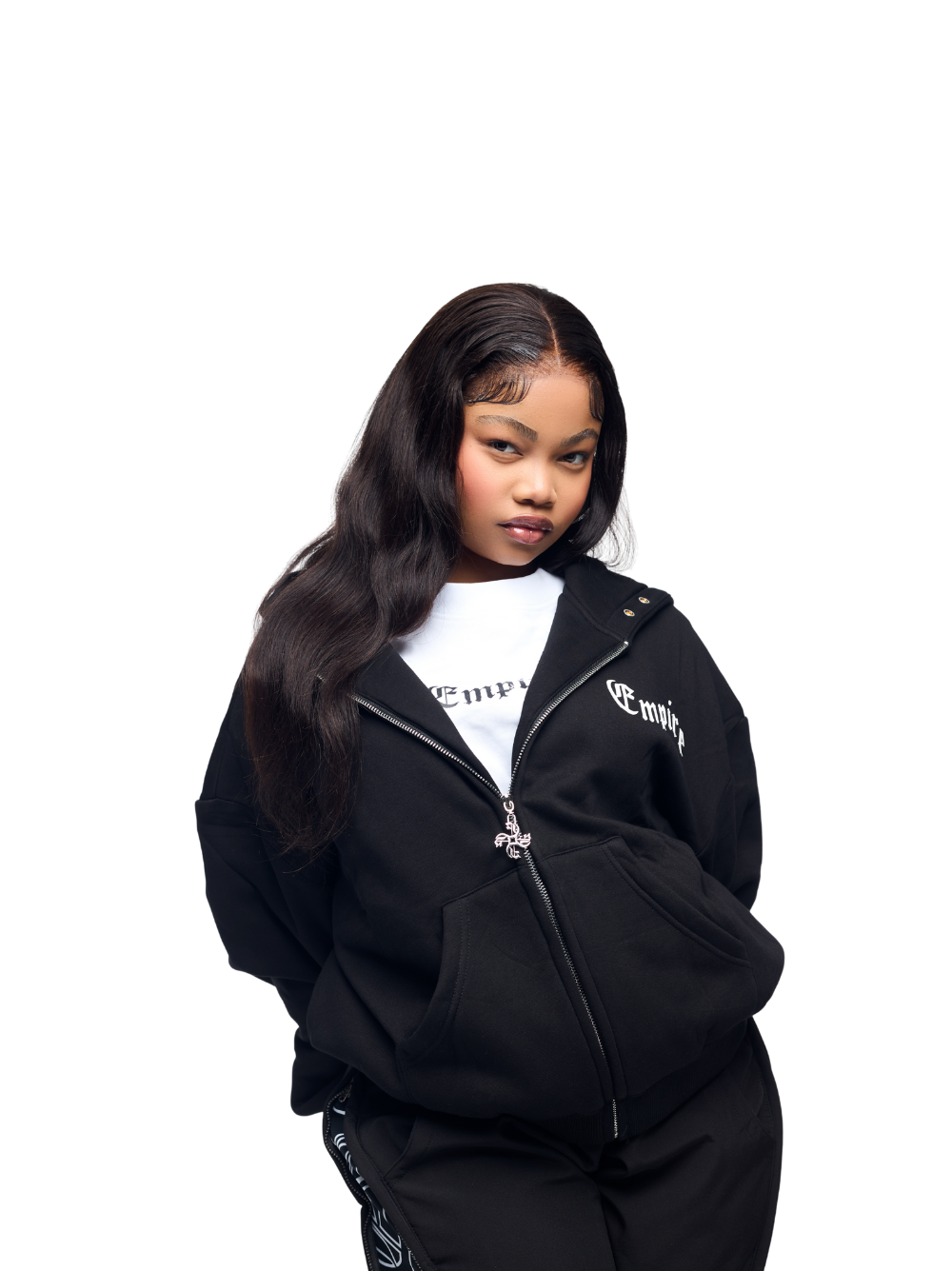 Empire black oversized zipper hoodie at unseen grail. local brands south africa. streetwear. men and women. studio image female model front view side