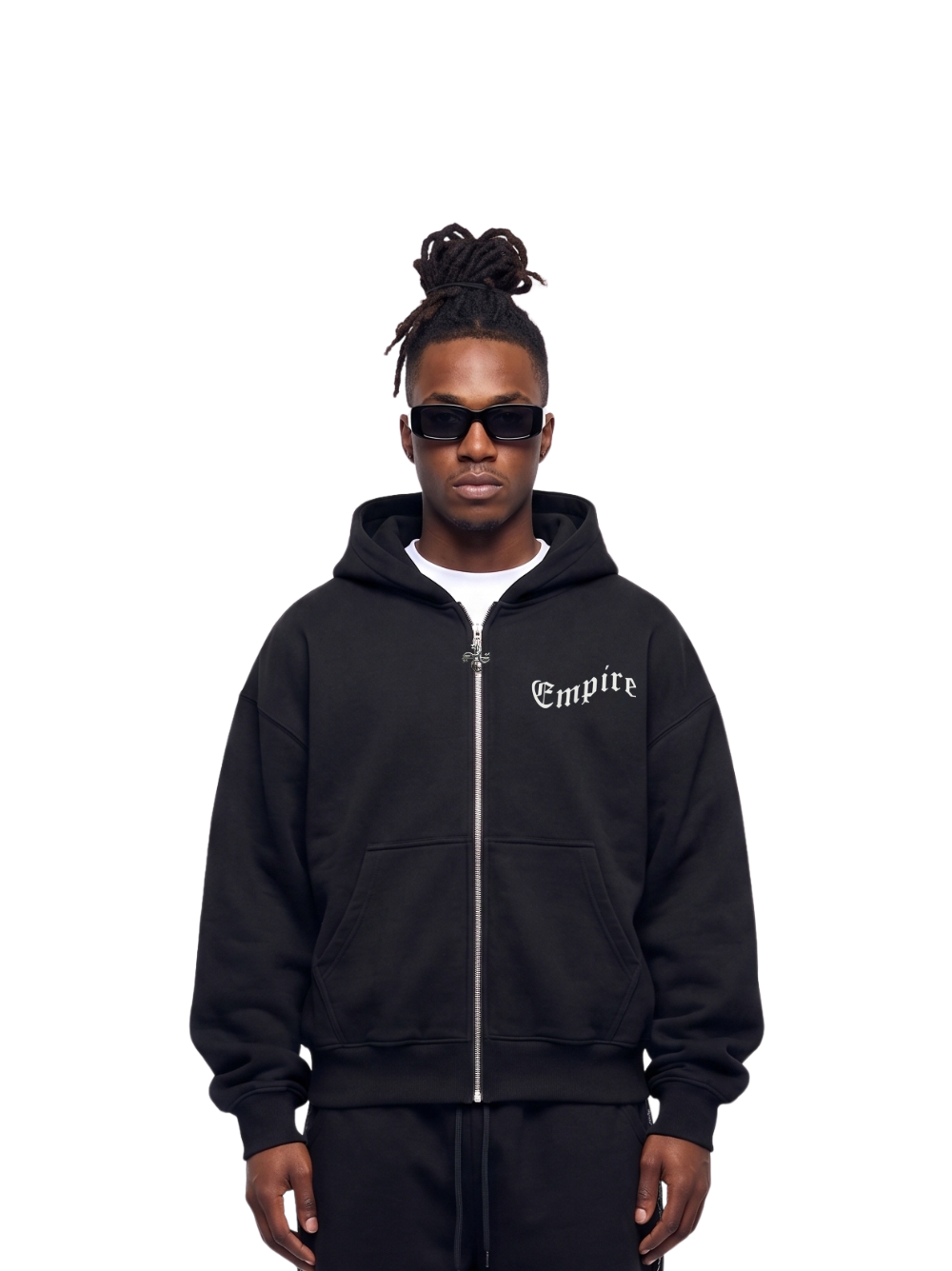 Empire black oversized zipper hoodie at unseen grail. local brands south africa. streetwear. men and women. studio image male model front view