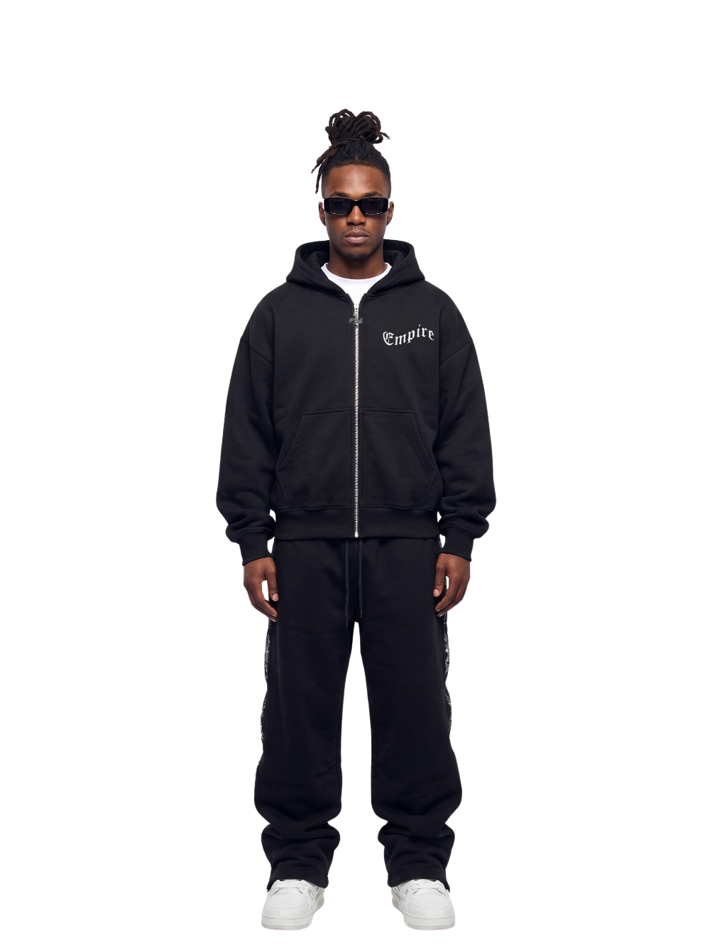 Empire black oversized zipper hoodie at unseen grail. local brands south africa. streetwear. men and women. studio image male model front view full image