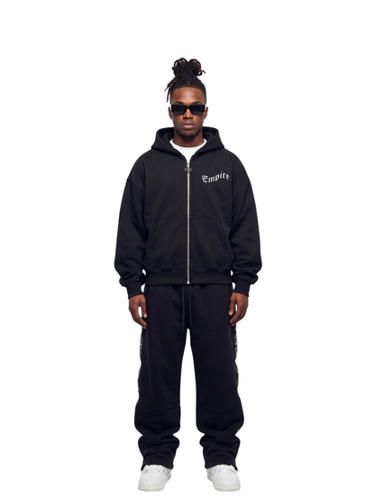 Empire black oversized zipper hoodie at unseen grail. local brands south africa. streetwear. men and women. studio image male model front view full image