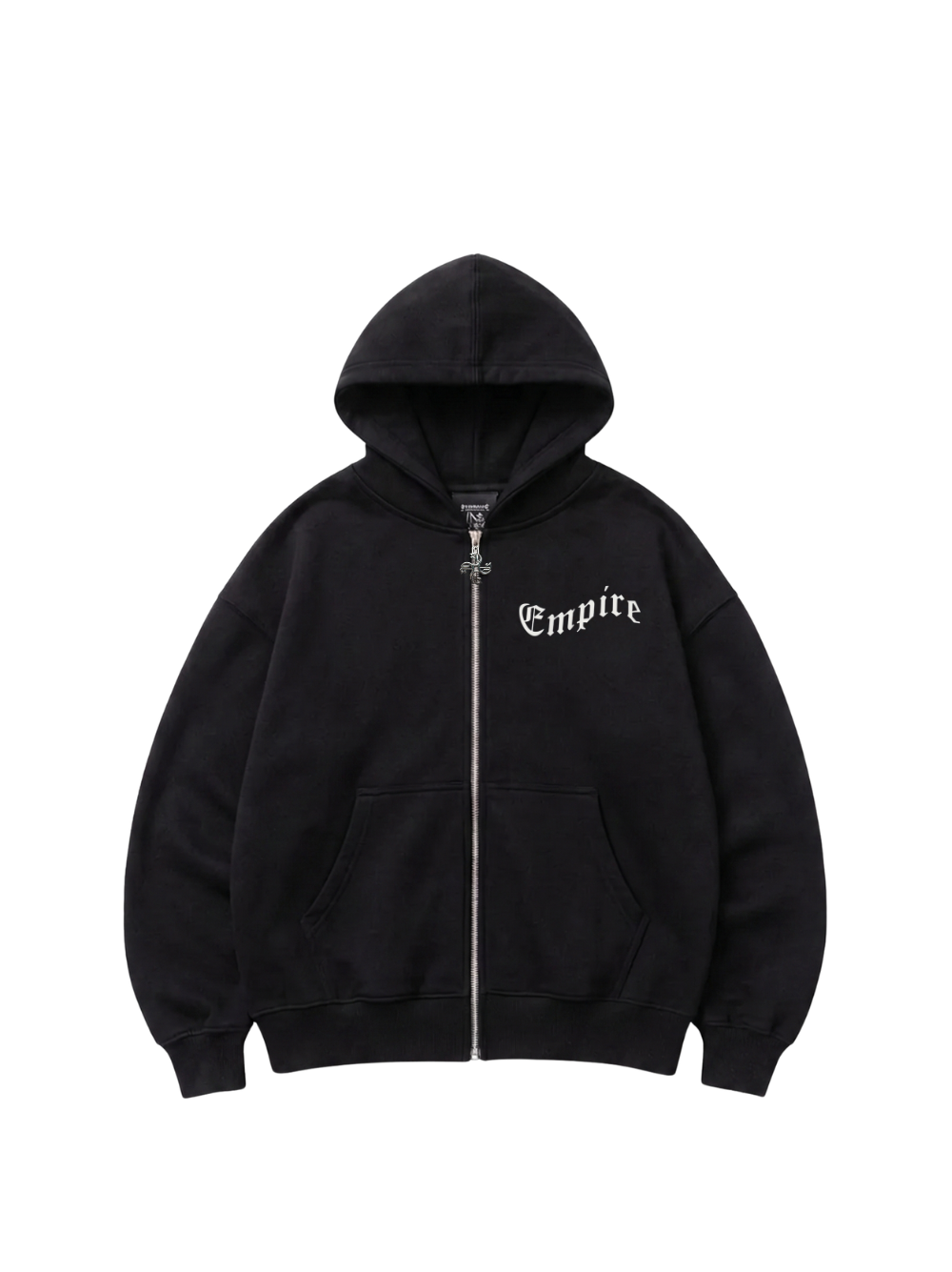 Empire black oversized zipper hoodie at unseen grail. local brands south africa. streetwear. men and women. studio imageflatlay front view