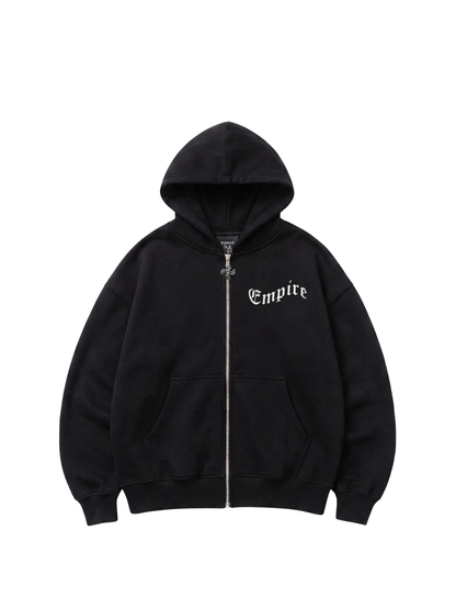 Empire black oversized zipper hoodie at unseen grail. local brands south africa. streetwear. men and women. studio imageflatlay front view