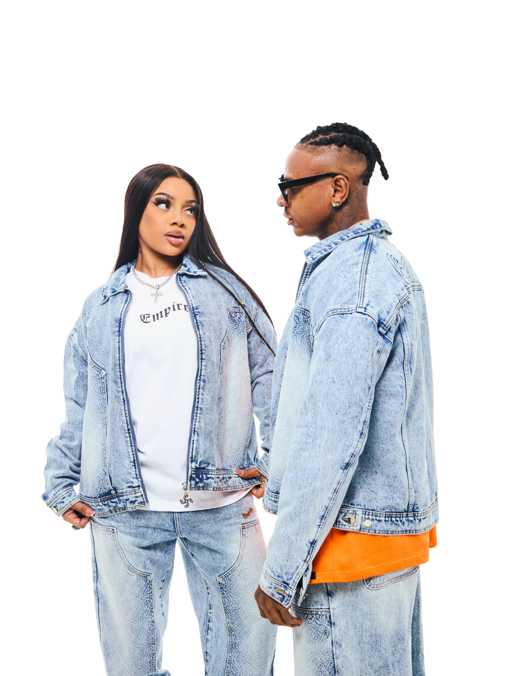 Empire blue denim jacket at unseen grail. local brands south africa. streetwear. men and women. studio image female and male model