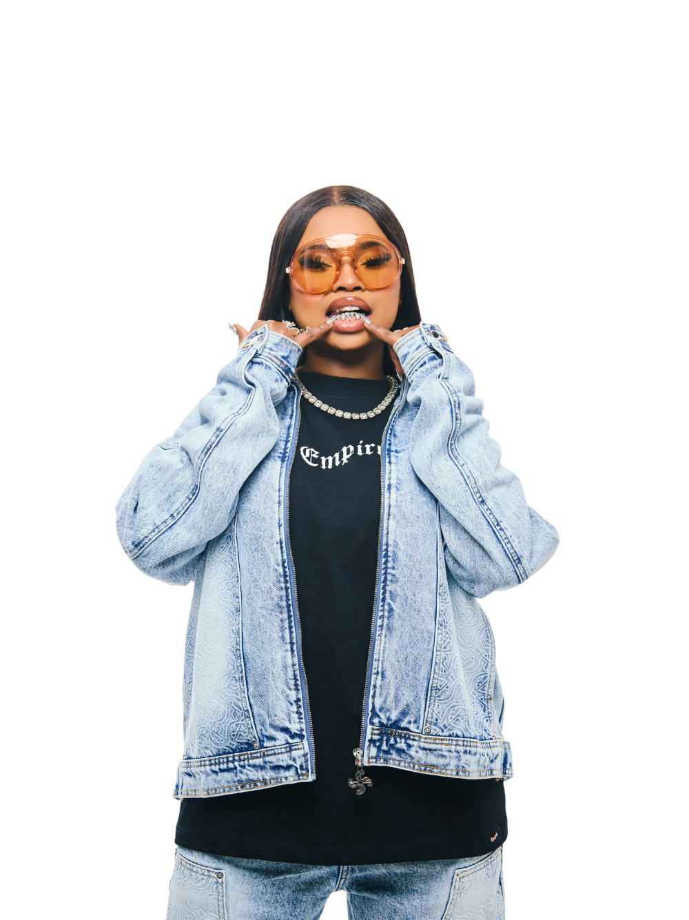 Empire blue denim jacket at unseen grail. local brands south africa. streetwear. men and women. studio image female model front view