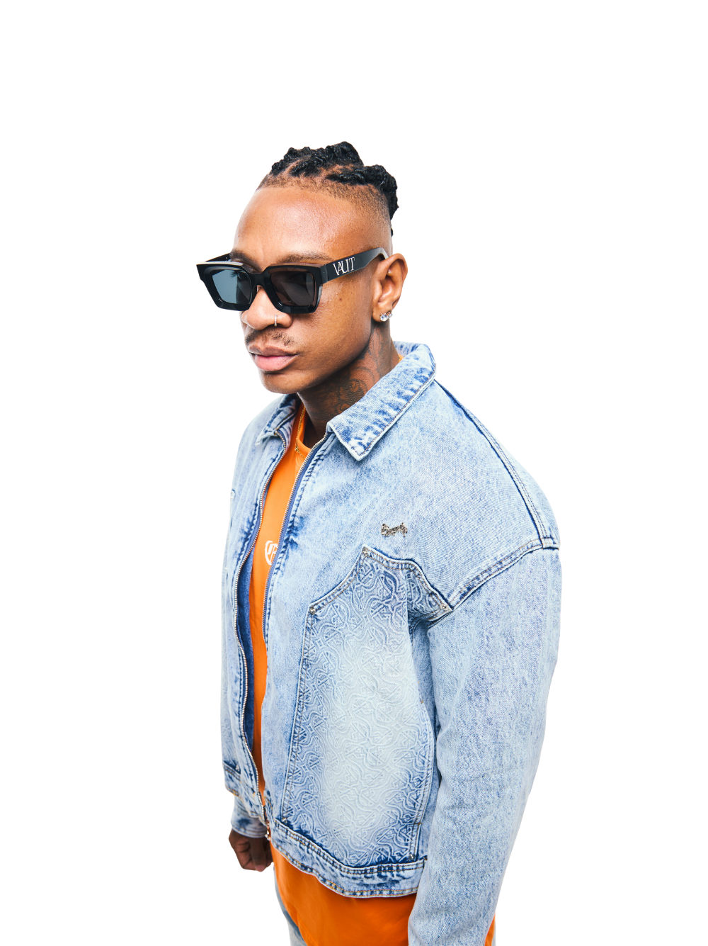 Empire blue denim jacket at unseen grail. local brands south africa. streetwear. men and women. studio image male model side view