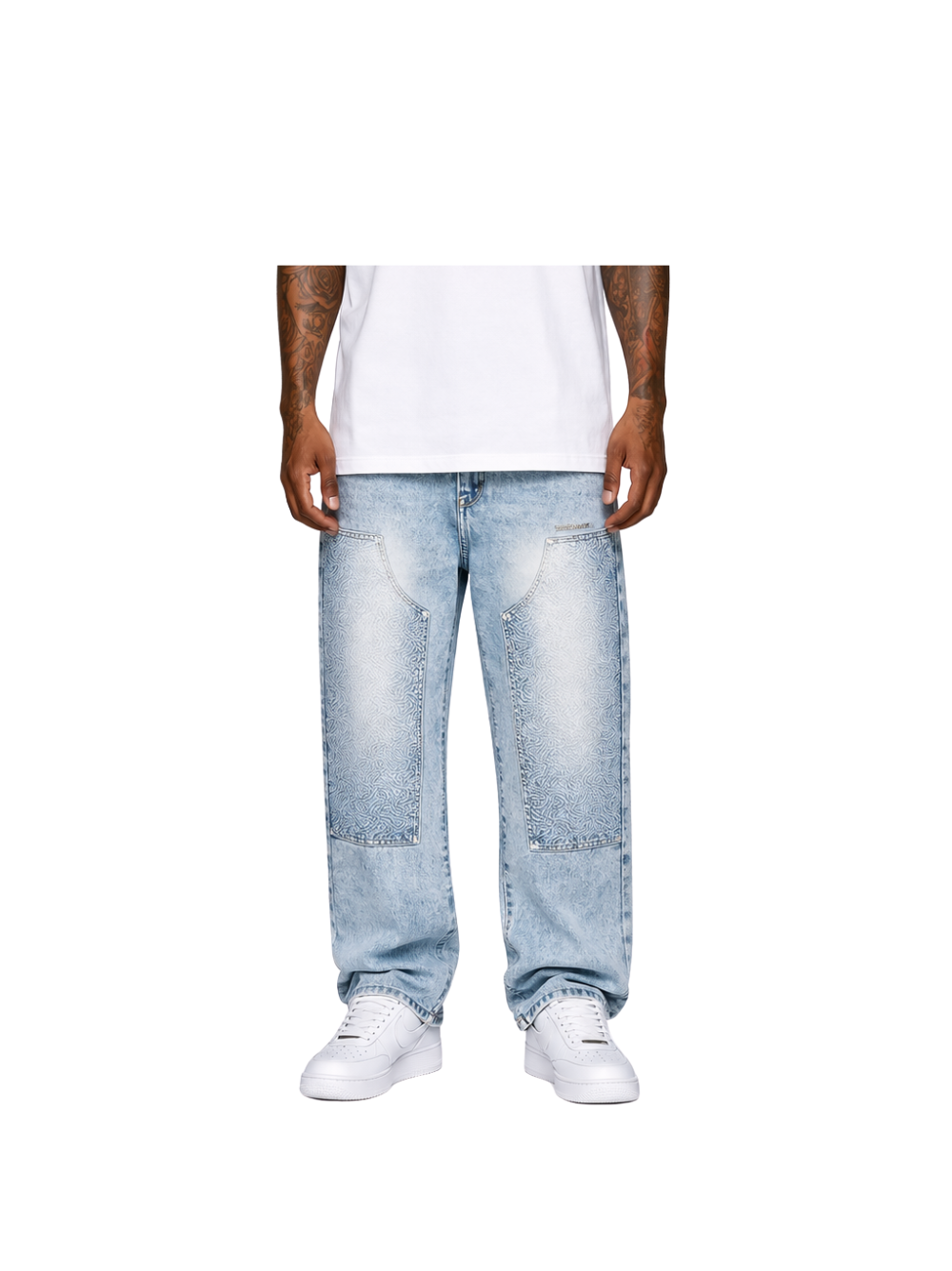 Empire blue denim jeanes at unseen grail. local brands south africa. streetwear. men and women. studio image close up men