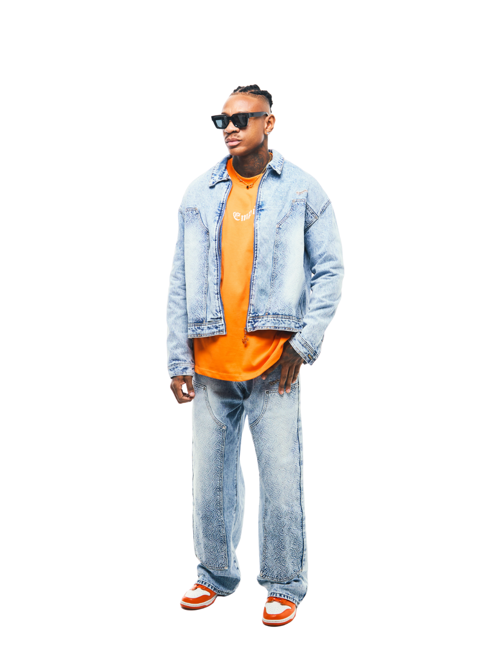 Empire blue denim jeanes at unseen grail. local brands south africa. streetwear. men and women. studio image male model full view denim