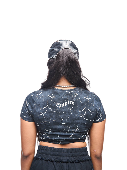 Empire crop top at unseen grail. local brands south africa. streetwear. men and women. studio image female back