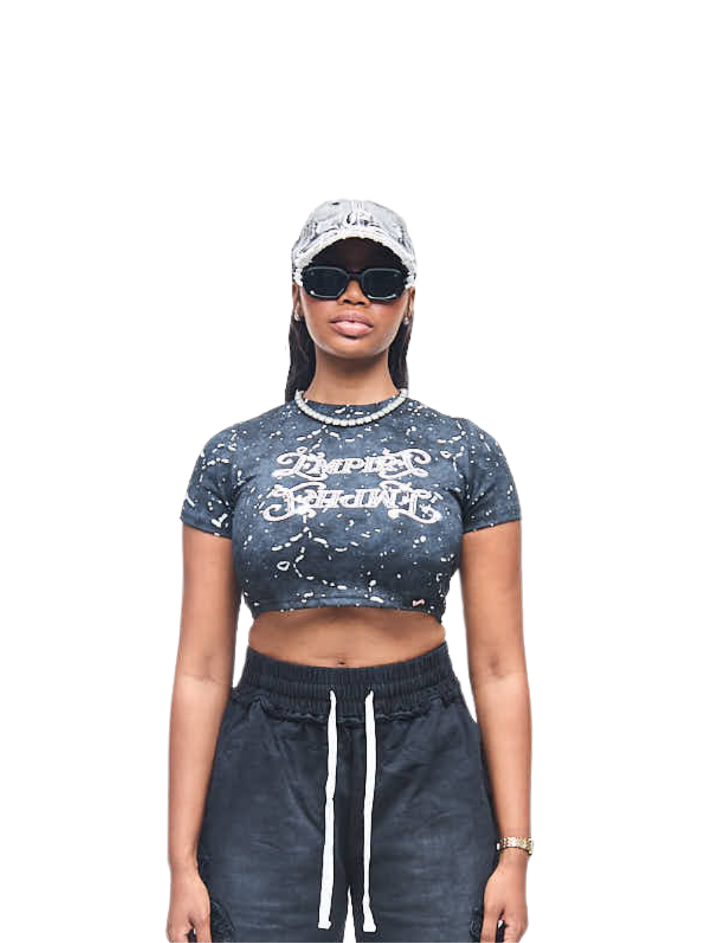 Empire crop top at unseen grail. local brands south africa. streetwear. men and women. studio image female front