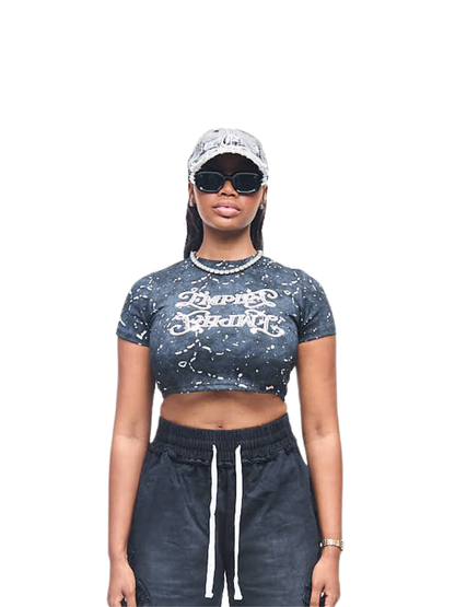 Empire crop top at unseen grail. local brands south africa. streetwear. men and women. studio image female front